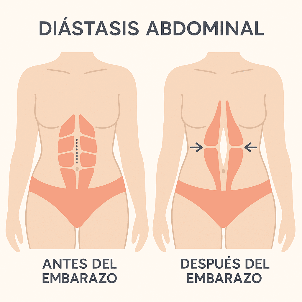 Ilustración minimalista de diástasis abdominal mostrando músculos separados antes y después del embarazo